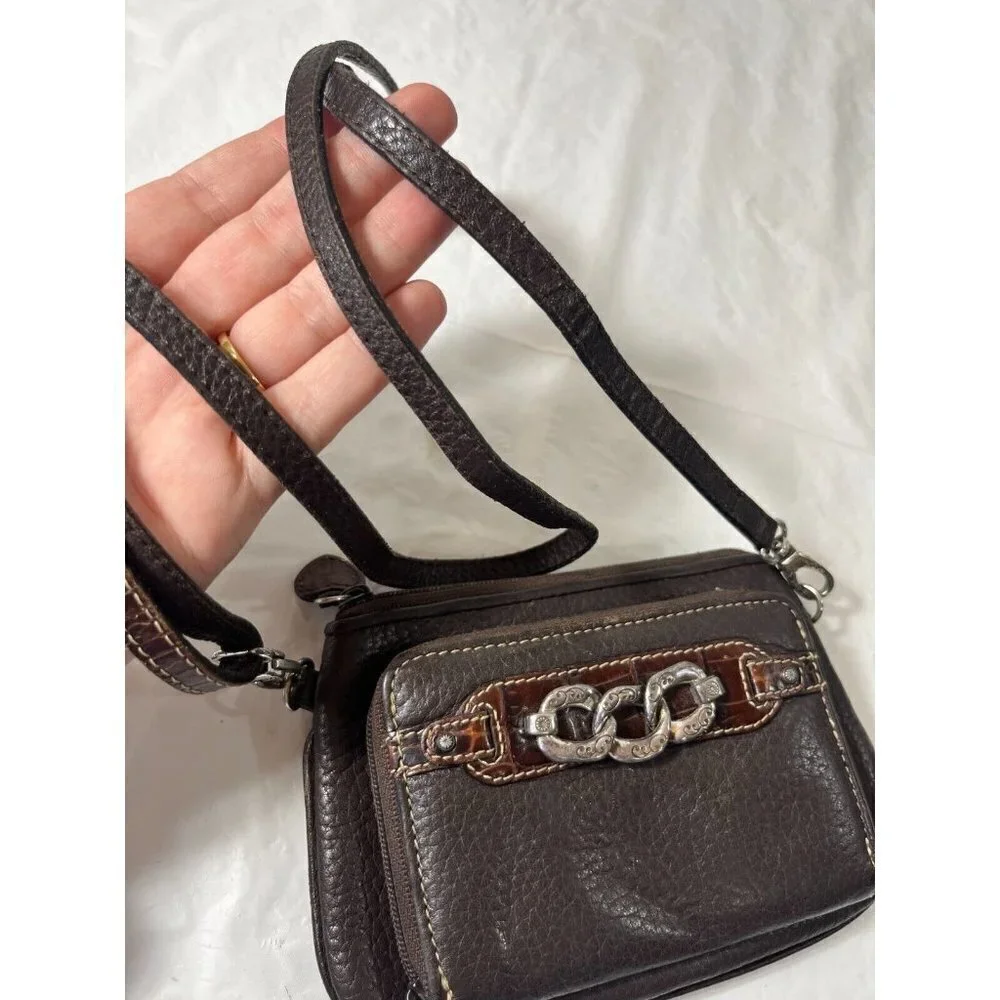 Brighton Crossbody Organizer Brown Pebbled Leather Decorative Chain Hardware